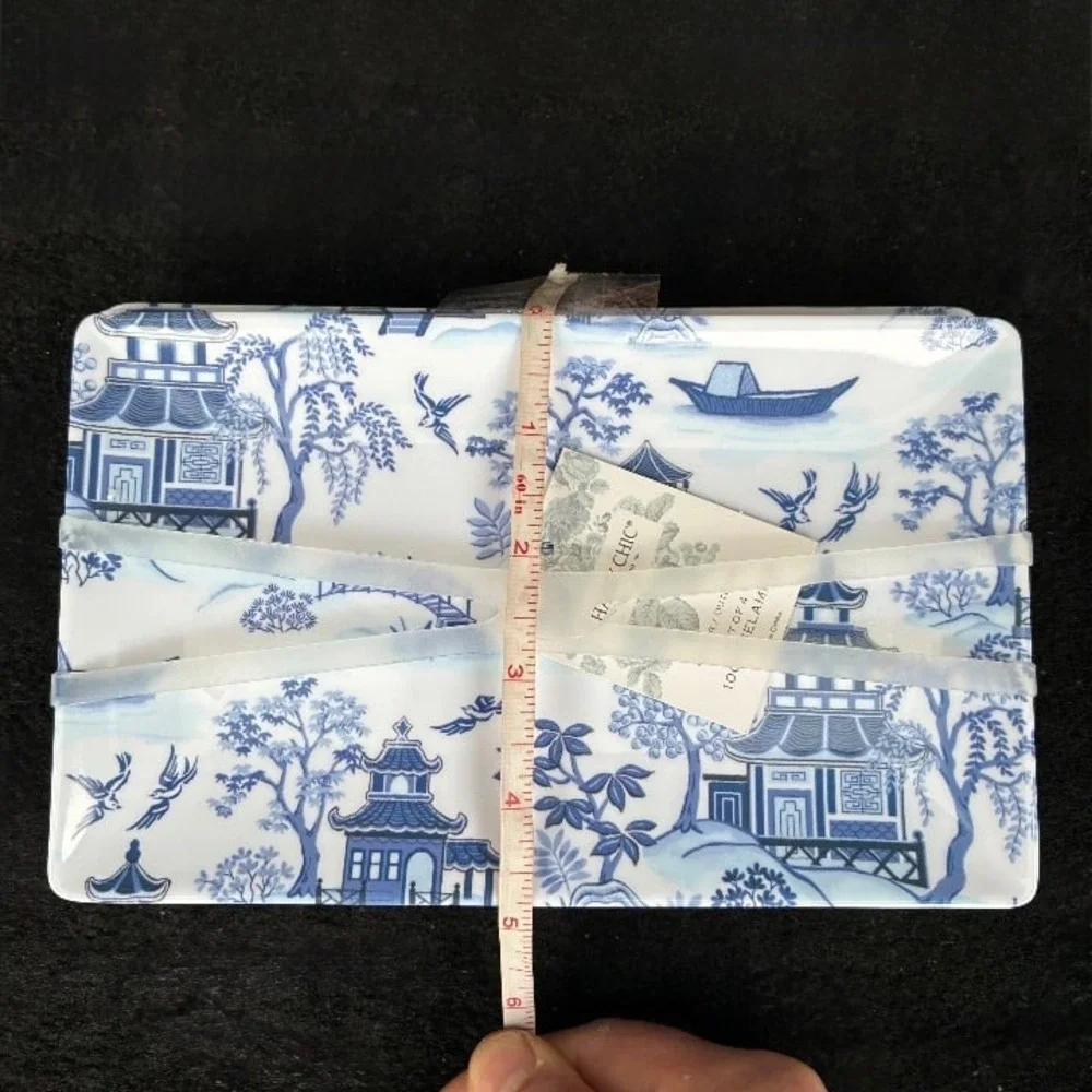 Shabby Chic Chinoiserie Blue Willow Pagoda Melamine Appetizer Plates Set of 4